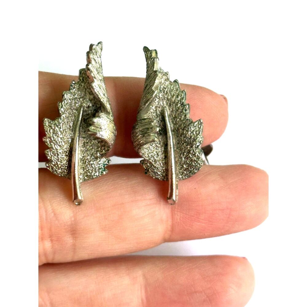 Coro Silver Tone Leaf Clip On Earrings